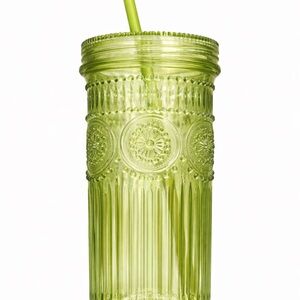Green Glass Tumbler with Straw